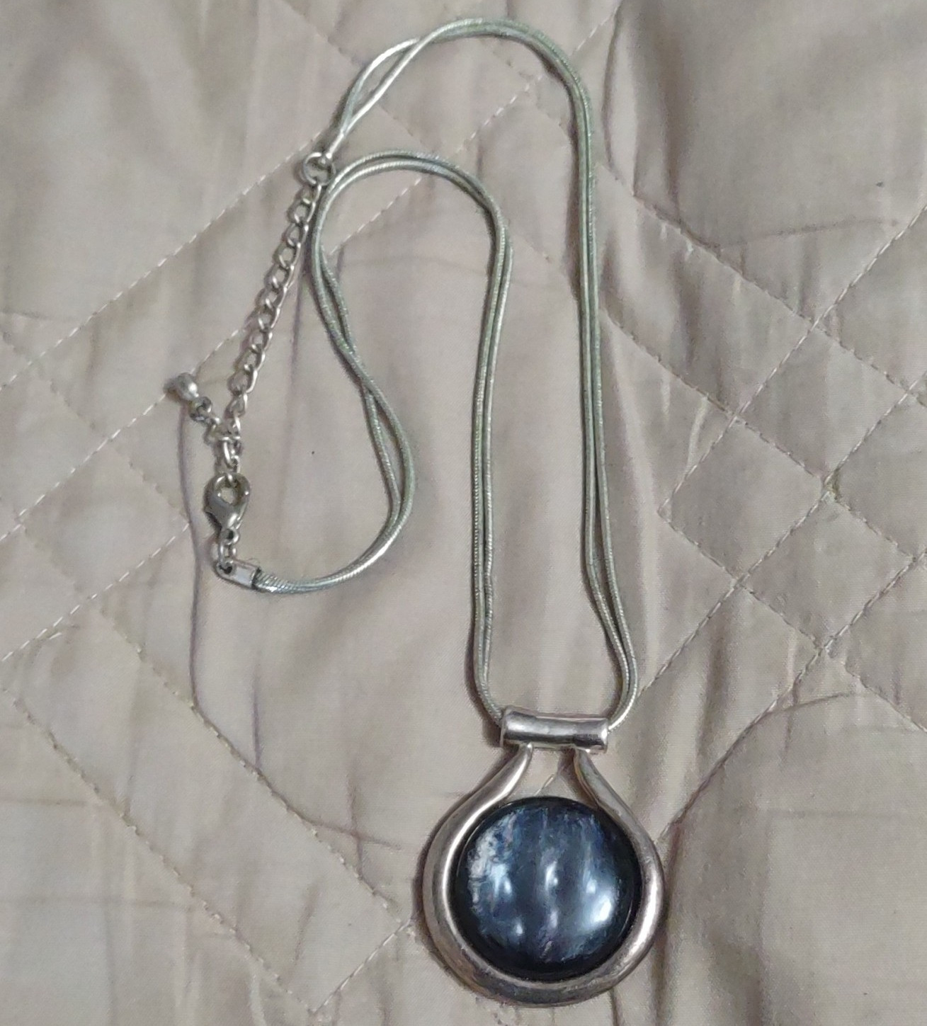 Silver 925 Adjustable Snake Chain Necklace Round Blue Bezel Pendant