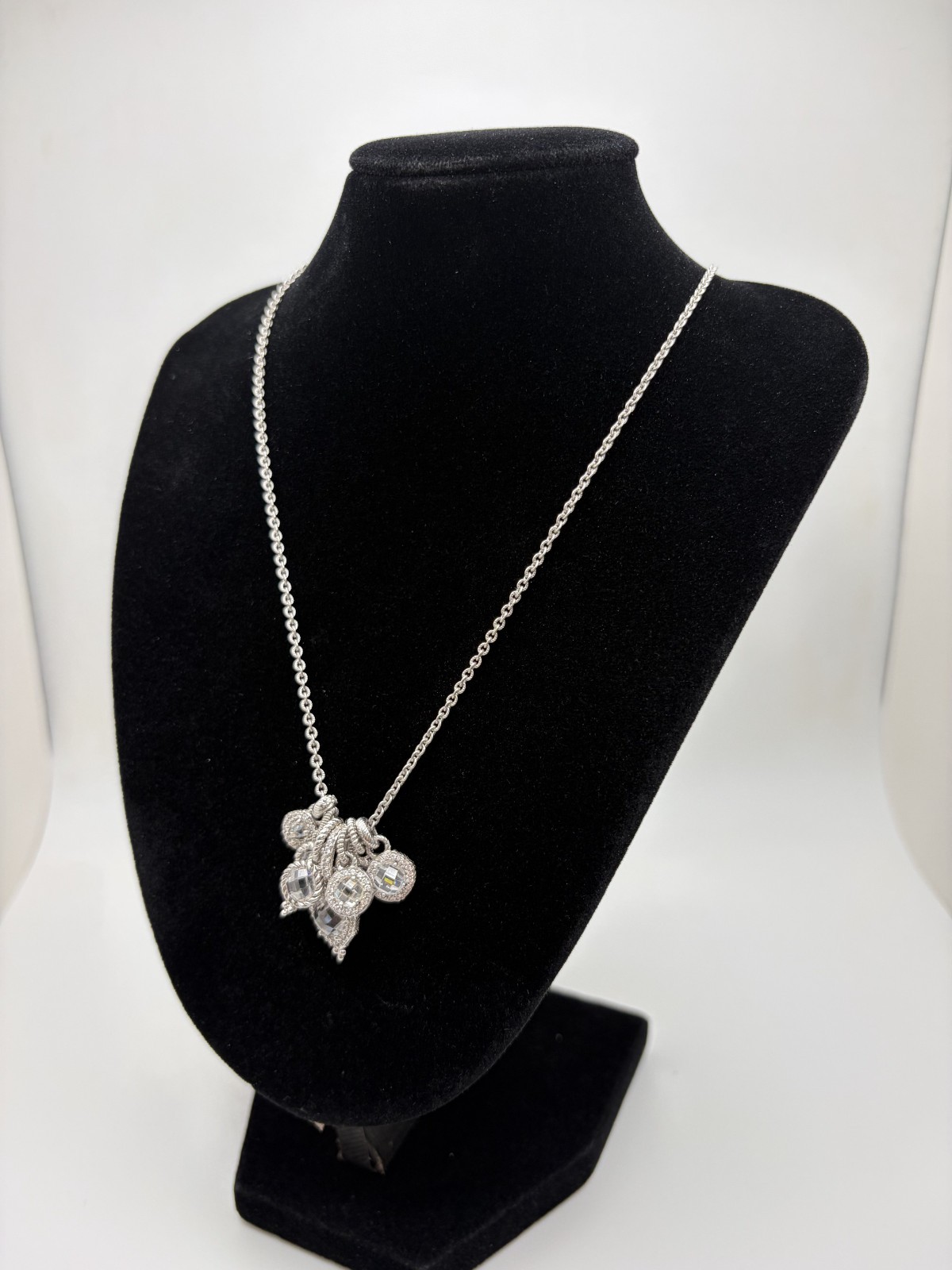 Judith Ripka 925 Sterling Silver Adjustable Charm Necklace 20″ Clear Stones