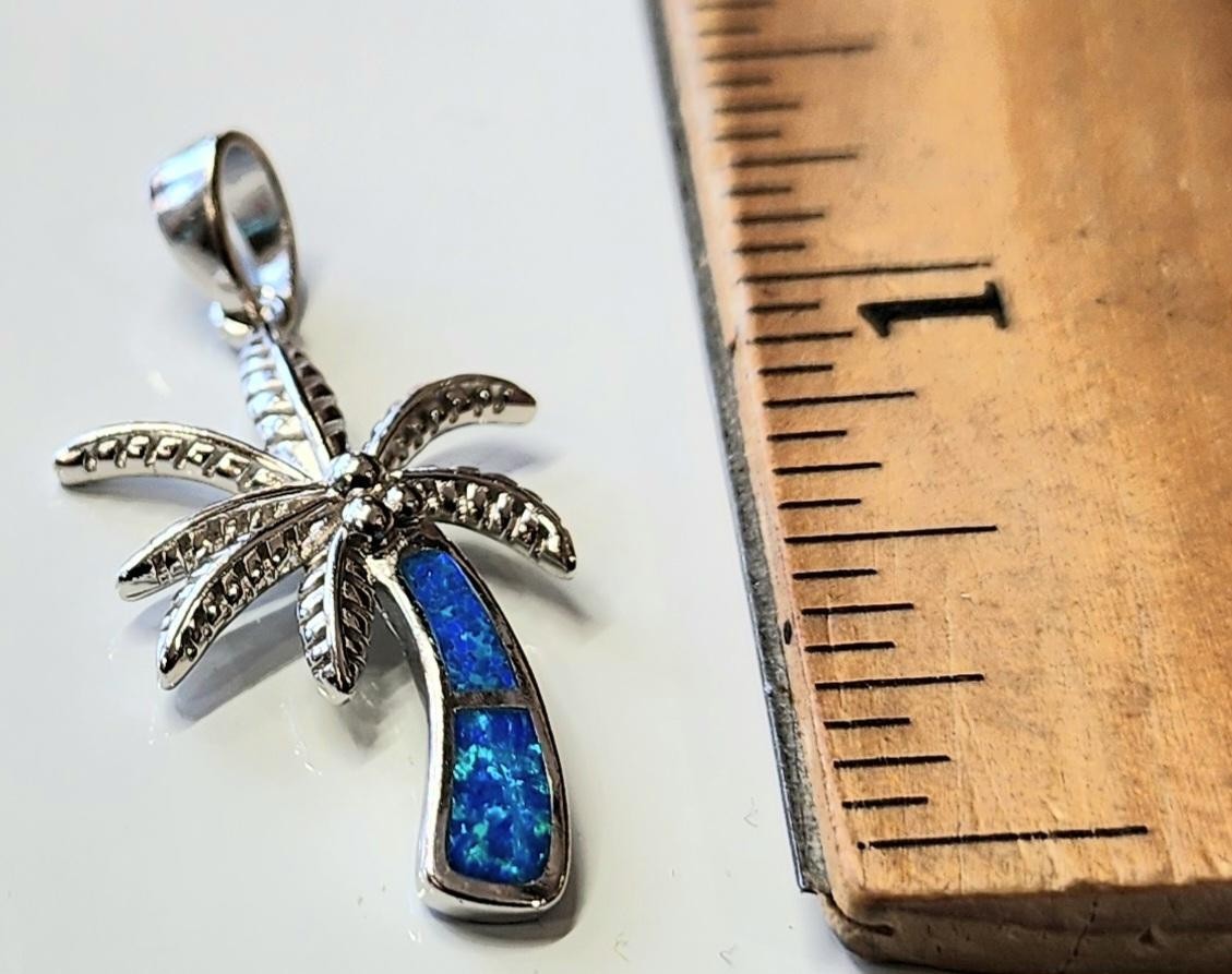 Palm Tree pendant Blue Opal Stone 925 Sterling Silver