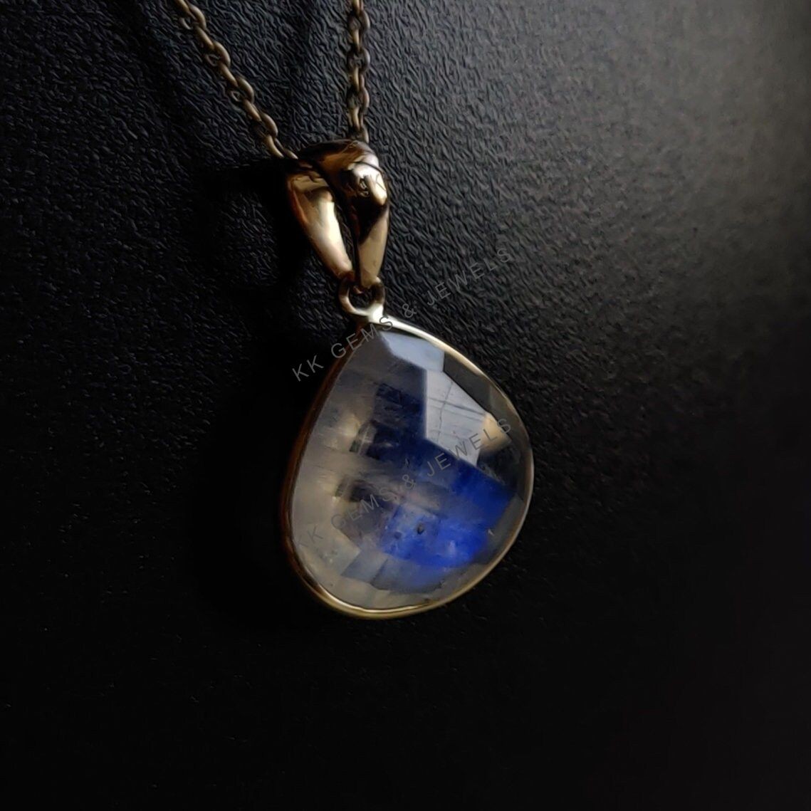 5.80 Ct Natural Rainbow Moonstone Pendant 14K Gold Bezel June Birthstone Gift