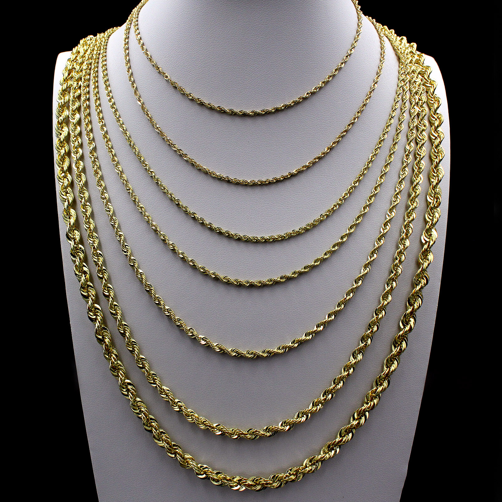 Real 10K Yellow Gold 2mm-6mm Diamond Cut Rope Chain Pendant Necklace 16″- 30″