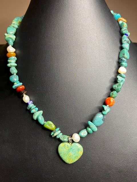 B5139 Peyote Bird Turquoise Nugget Pearl Sterling Silver Heart Necklace 18-20″