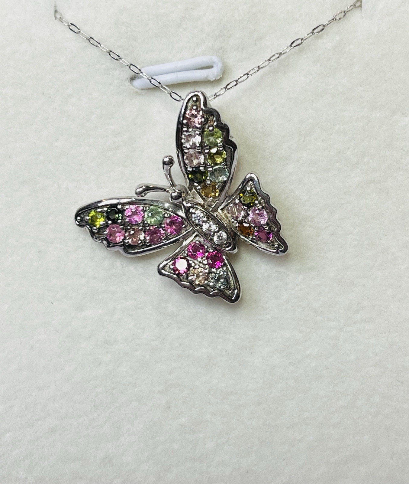 925 Sterling Silver Tourmaline Pink Green Blue Yellow Butterfly Pendant Necklace