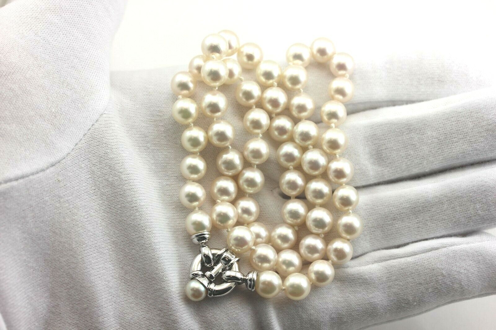 14k white gold 19 inch round white cultured pearl 7.5-8mm strand string necklace