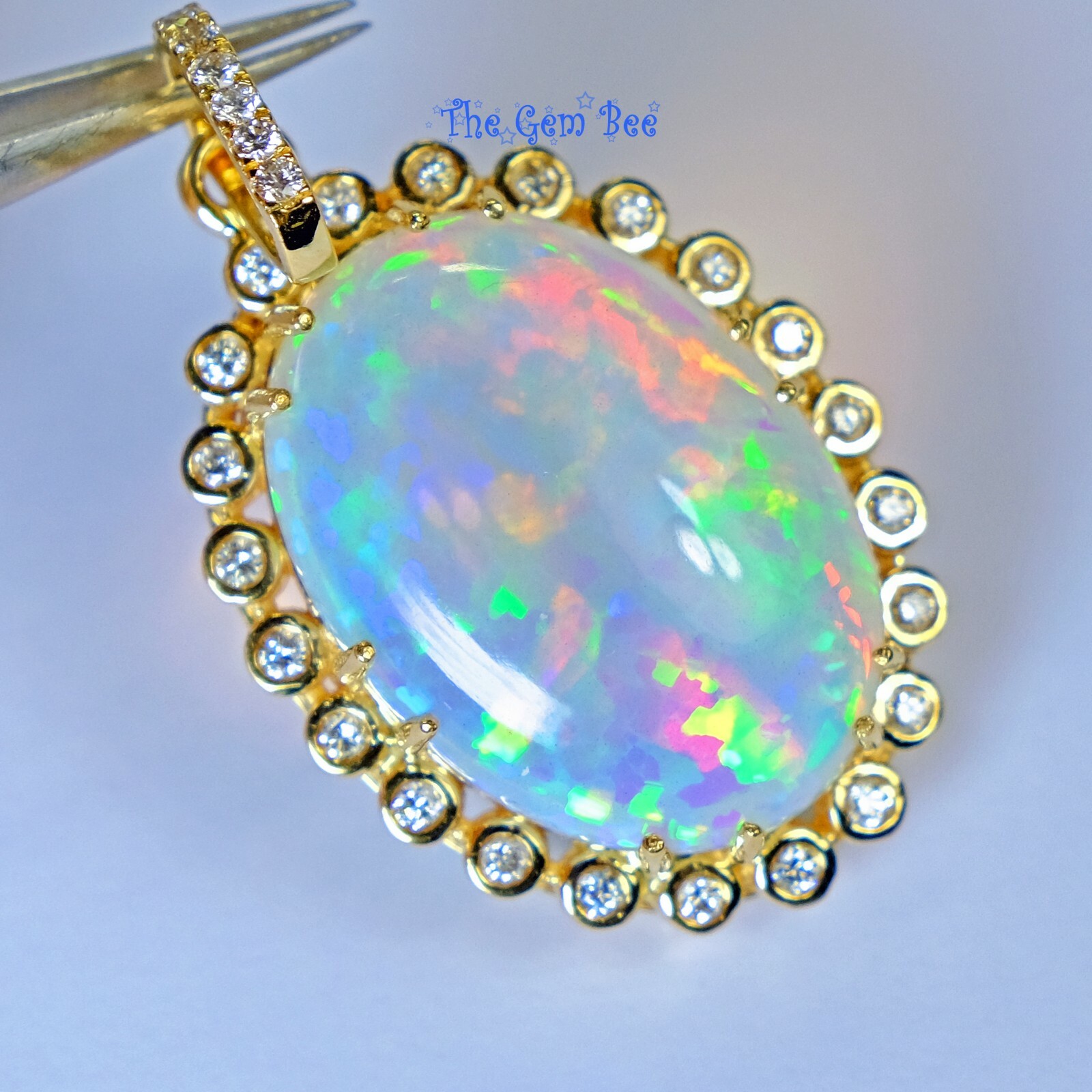 18k Solid Yellow Gold 26.81CT Oval Opal 0.75CT Diamond Necklace Pendant