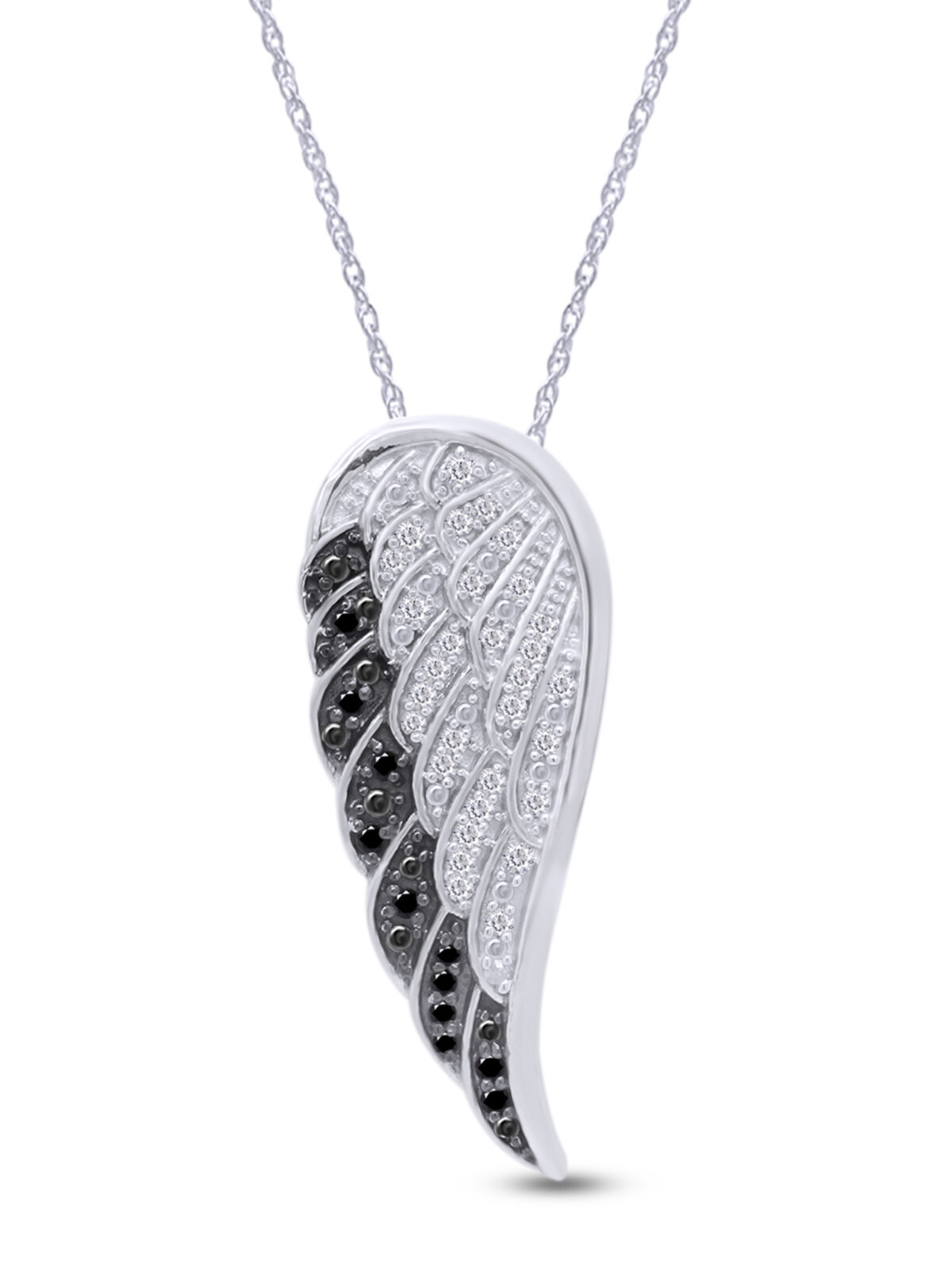1/3ct White & Black Real Diamond Angel Wing Pendant Necklace 14K Gold, 18″ Chain