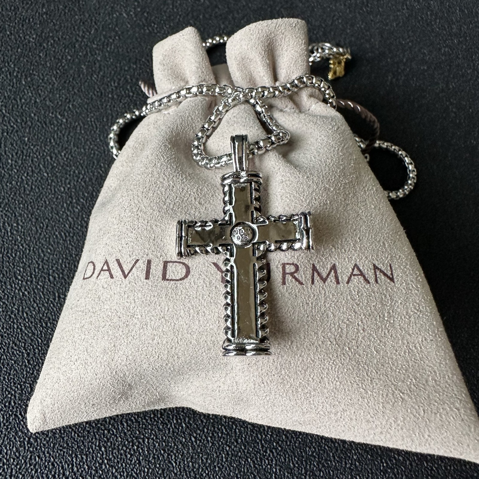 David Yurman Chevron Cross Pendant 925 Sterling Silver with Black Diamonds 20″
