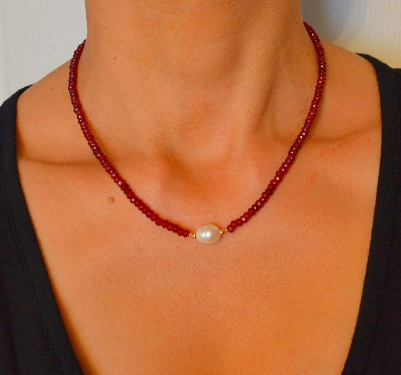 Natural Faceted Red Ruby South Sea Pearl Yellow Gold Necklace Handmade