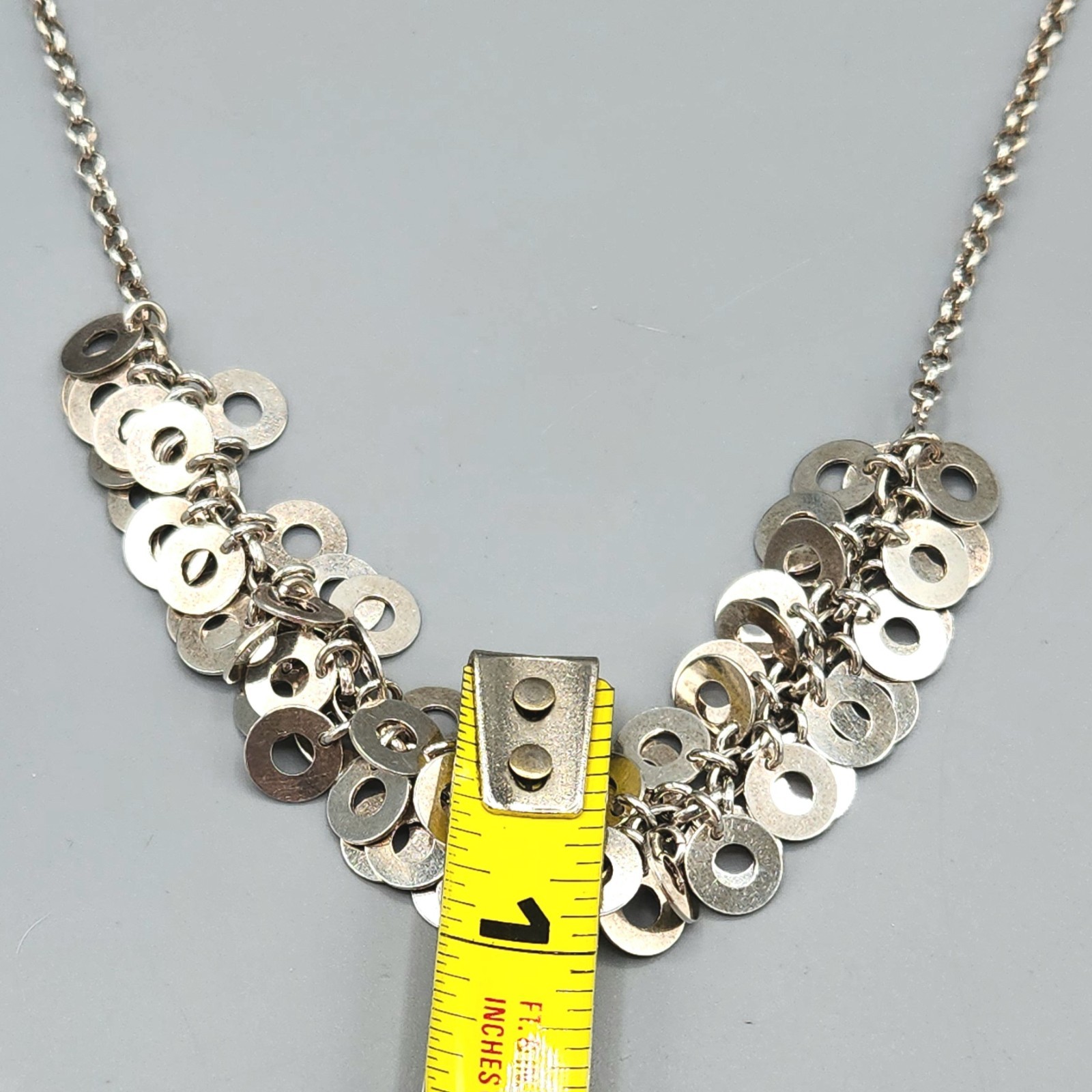 Solid Silver Sterling Disc Charm Dangle Fringe Chain Necklace 17″ 24.8g