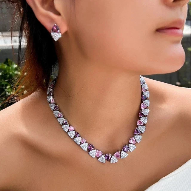 27 Ctw Trillion Cut Lab-Created Multicolor Necklace 14K White Gold Plated Silver