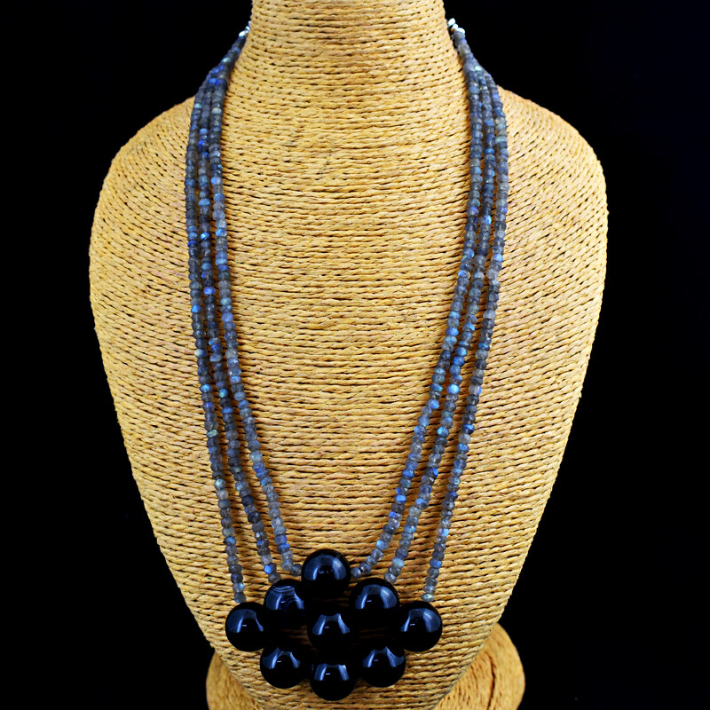 485.00 Cts Natural 3 Strand Onyx & Labradorite Round Beads Necklace JK 12E283