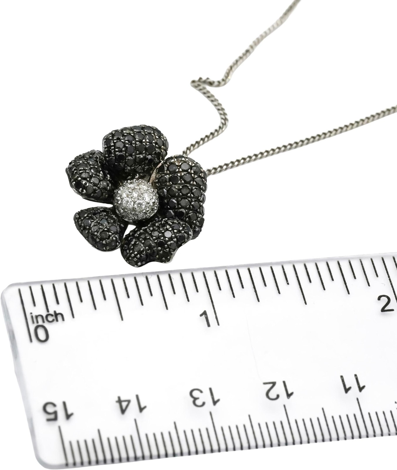 18k White Gold White and Black Diamond Cluster Flower Pendant Necklace 1.25CT