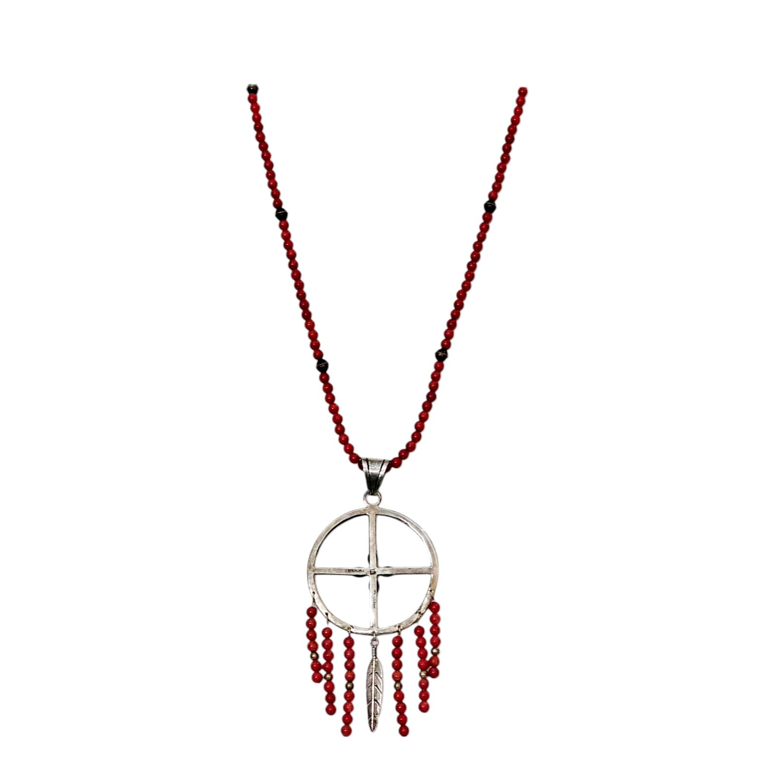 SOUTHWEST Necklace Dreamcatcher 925 Sterling Silver Coral Bead Chain Signed B