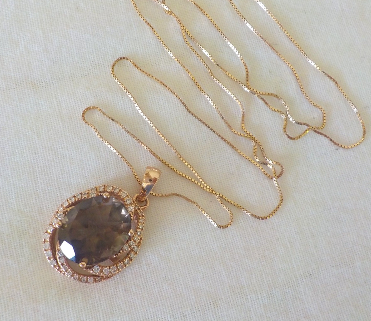 14K Rose Gold Spiral Halo Smoky Quartz Diamond Necklace – 4.20 gms, 18.5 in