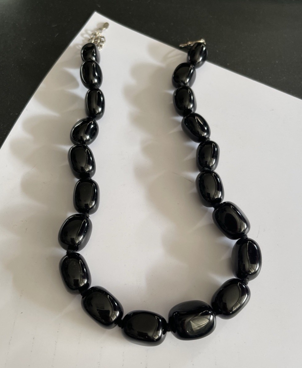 925 Onyx Large Beaded Statement Necklace Smooth reflective 22” Adjustable