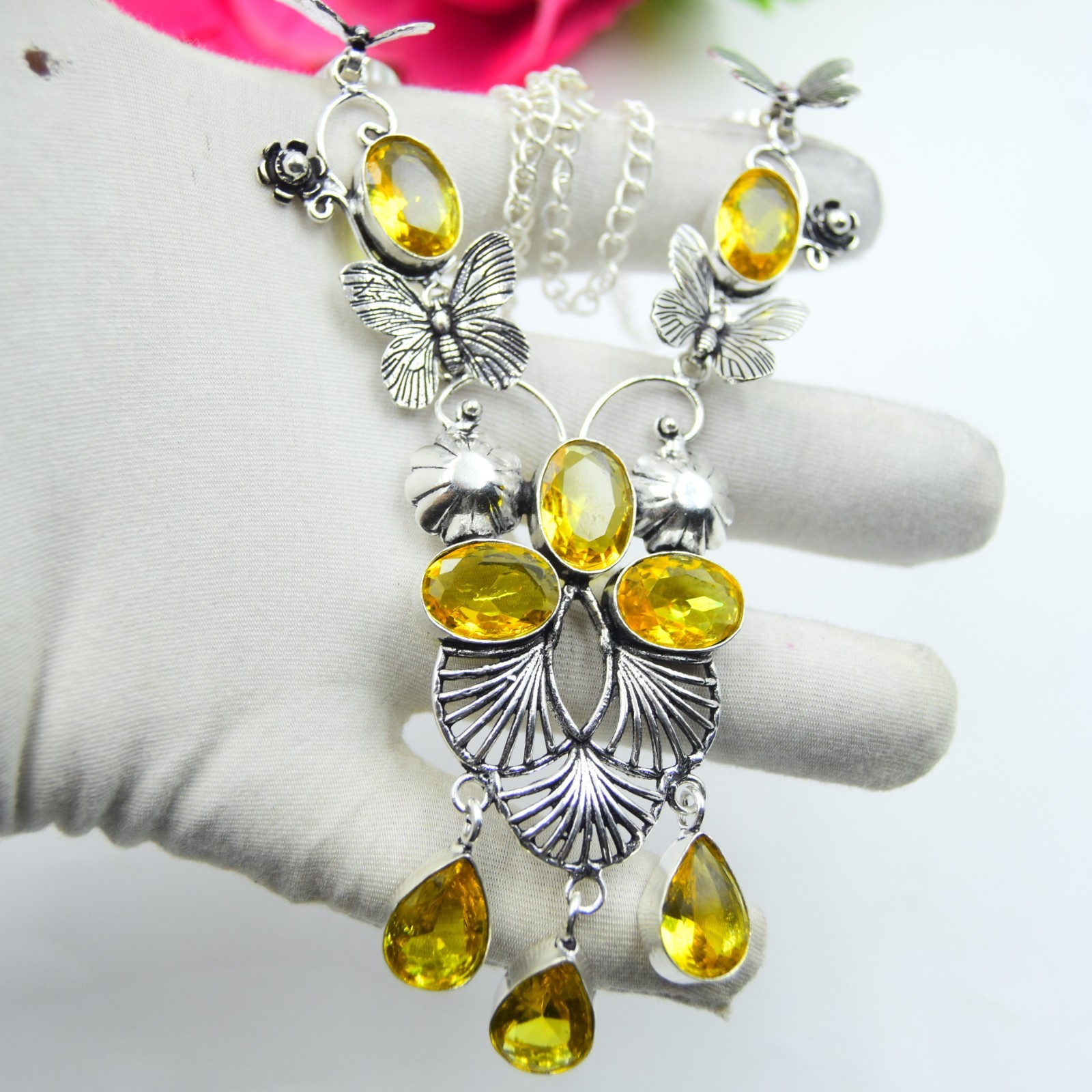 Yellow Citrine Gemstone Handmade 925 Sterling Silver Jewelry Necklace Sz-17-18″