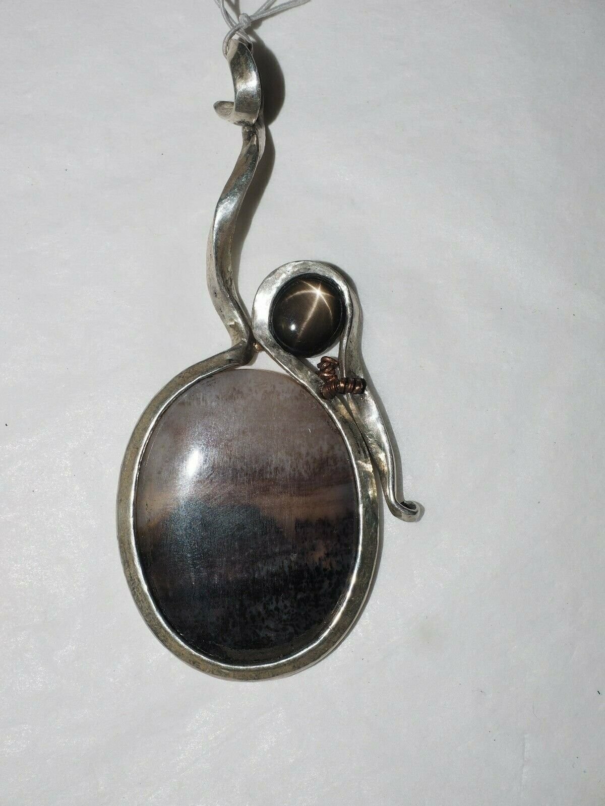 NICE Quality 27.9 ct Picture Agate with 6.6ct blk Star Sapphire Pendant Sterling
