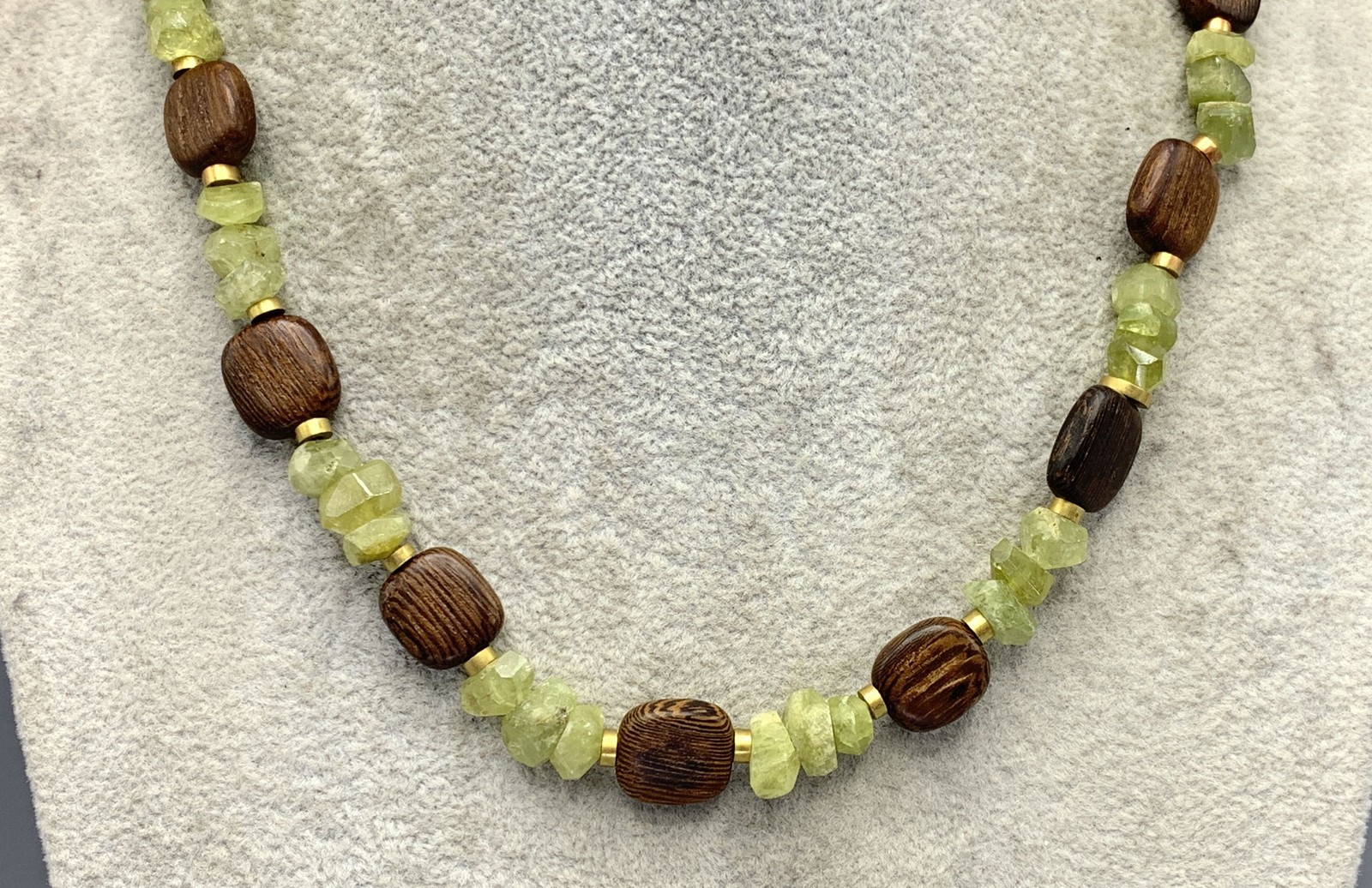 Prehnite, Wood & Brass Necklace w/Sterling Hook Closure