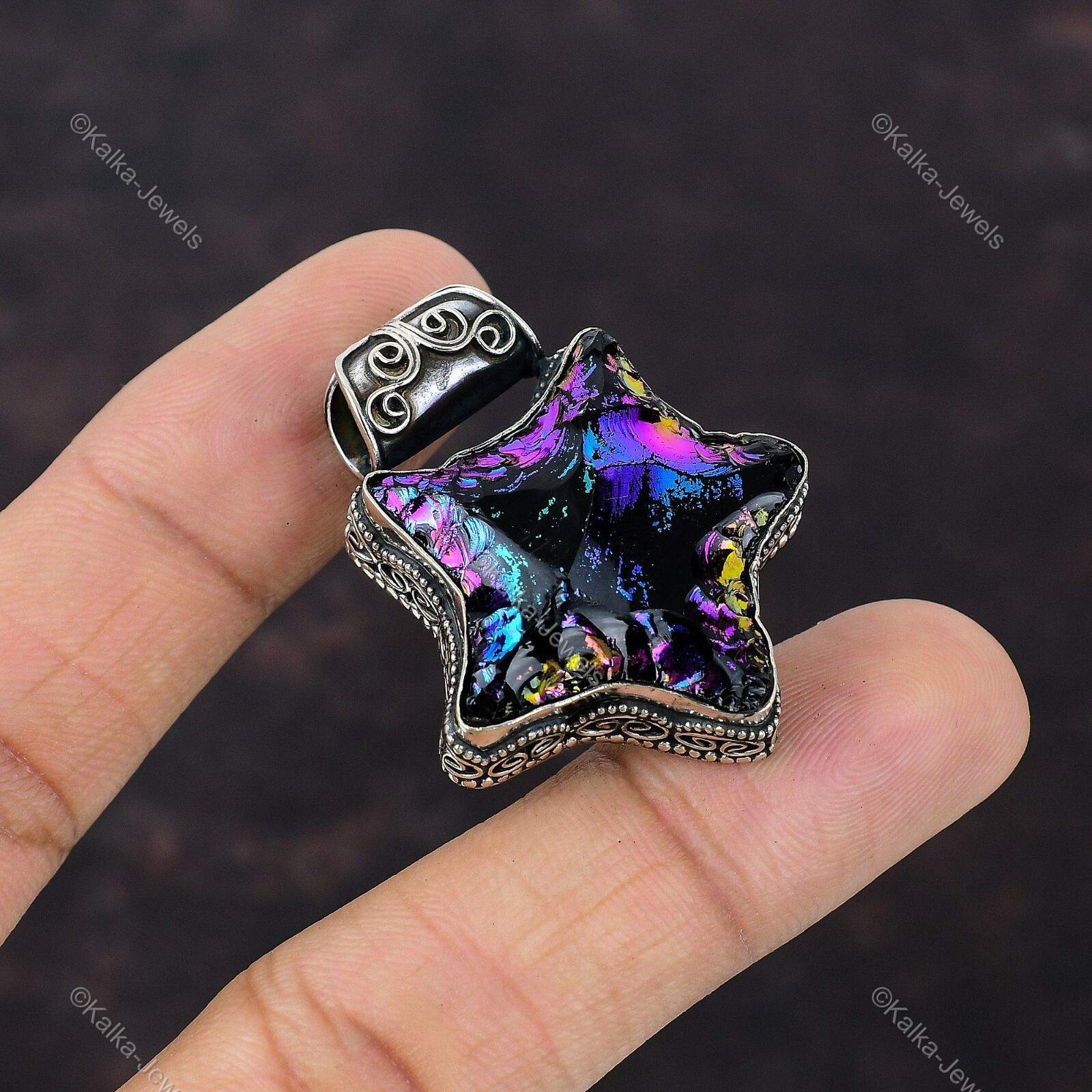Natural Titanium Druzy Gemstone 925 Silver Pendant Star Vintage For Girls