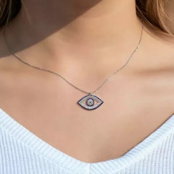 1.00Ct Round Cut Blue Sapphire & Diamond 14K White Gold Finish Evil Eye Pendant