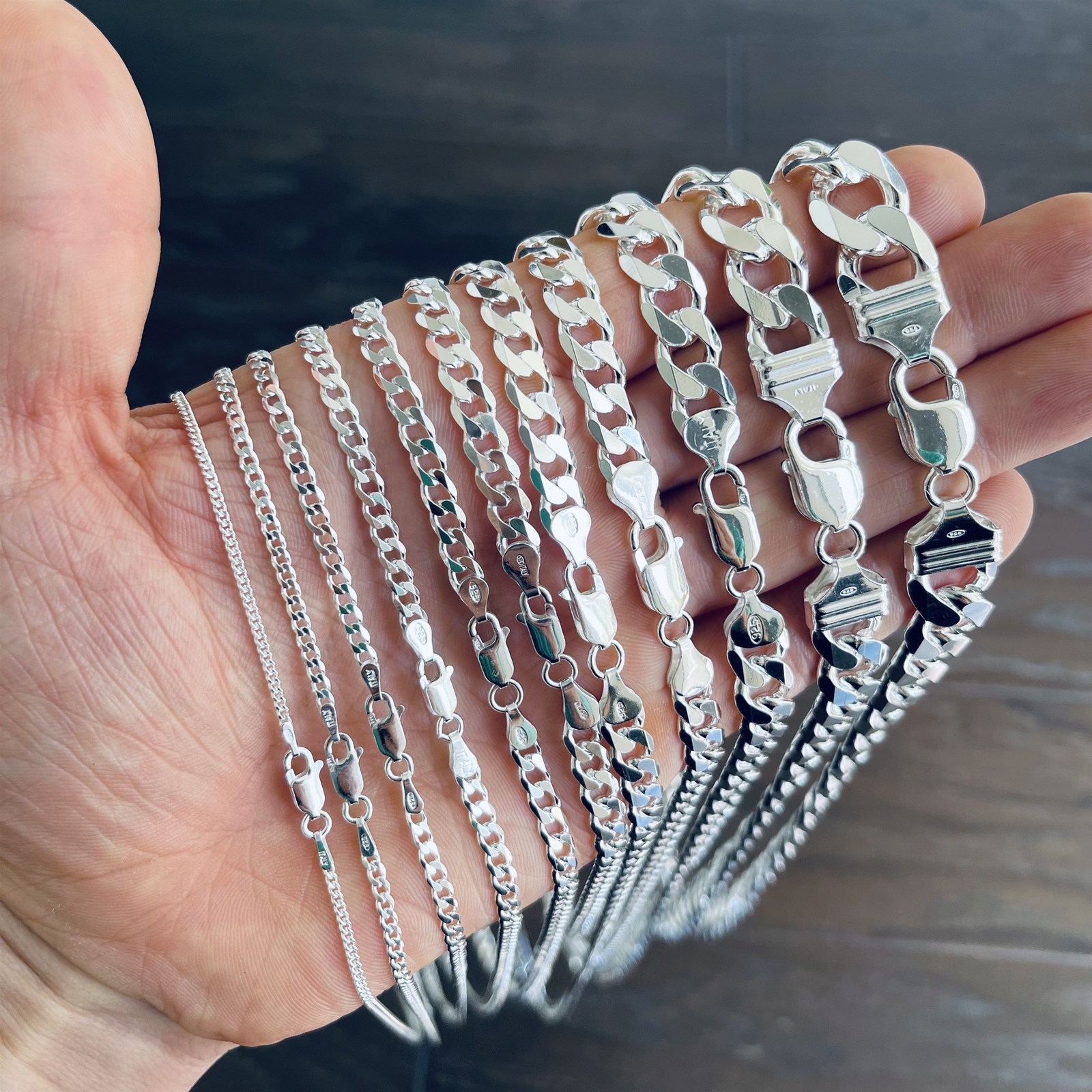 Real Solid 925 Sterling Silver Mens Boys Curb Cuban Bracelet or Necklace Italy