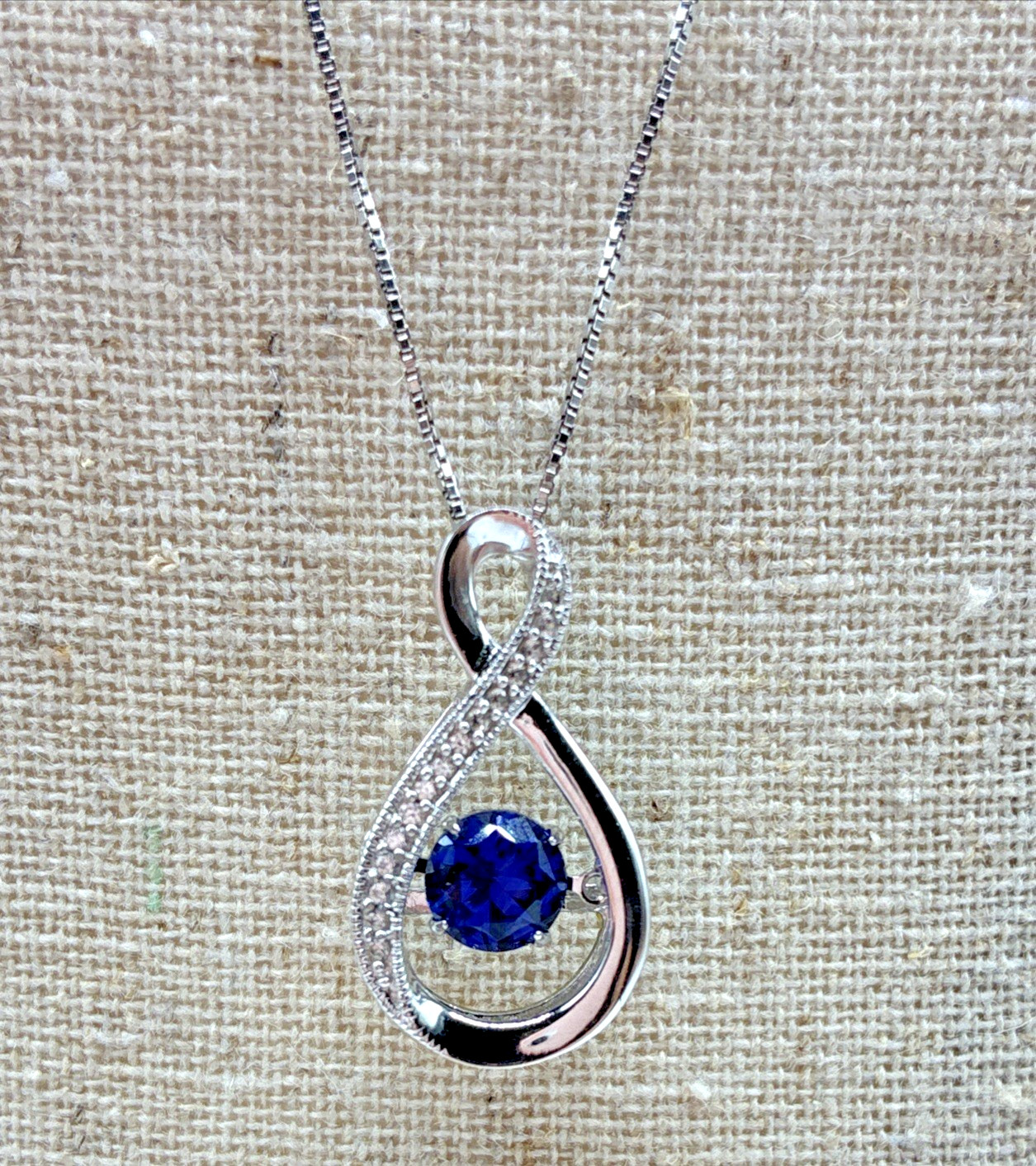 Sterling Silver Infinity Dancing Blue Stone Pendant Necklace Repaired Stone