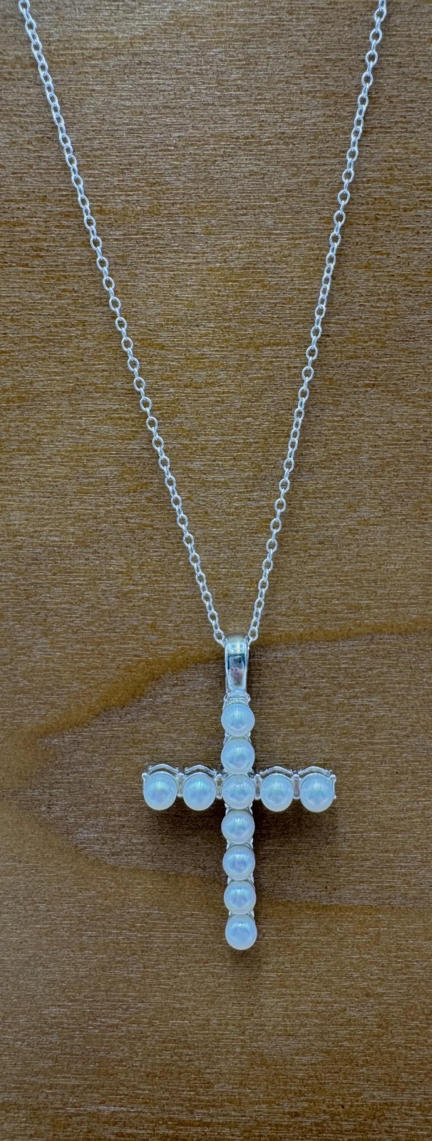 FAB Sterling Silver 925 Pearl Cross Pendant Necklace 21in Womens Religious