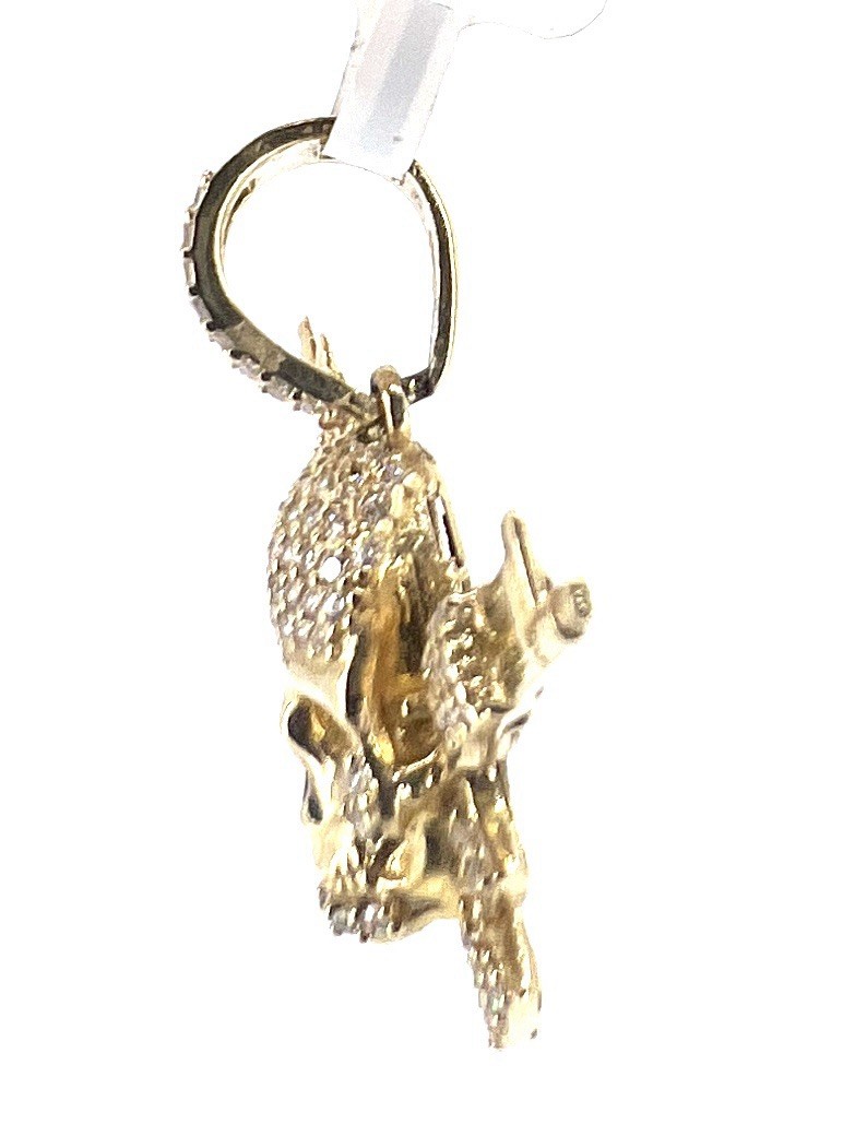 14K Solid Yellow Gold Skull Crossed Rifles Pendant CZ Pave Outlaw Guns