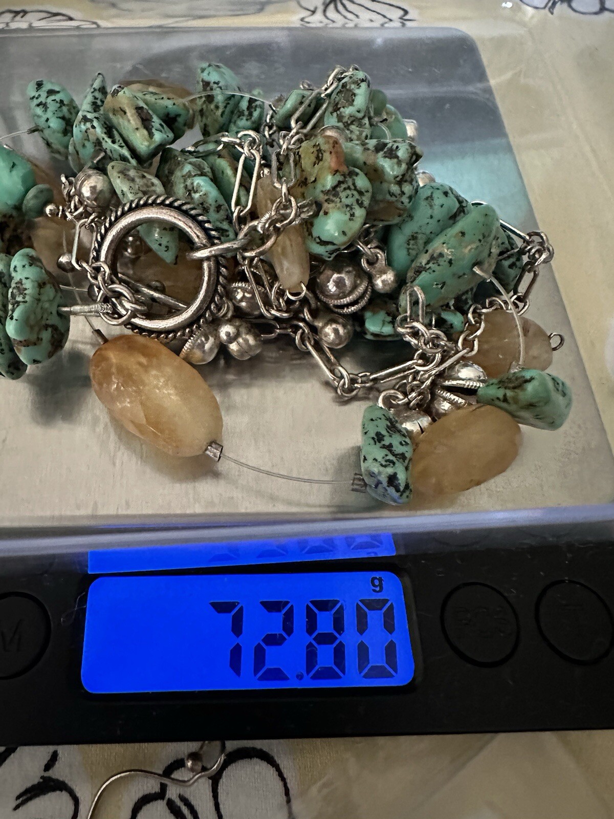 DOUBLE ROW STERLING PAPERCLIP CHAIN W/TURQUOISE NUGGETS & CITRINE NECKLACE