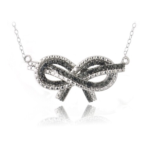 925 Silver 1/10ct Black Diamond Black & White Bow Love Knot Necklace, 18″