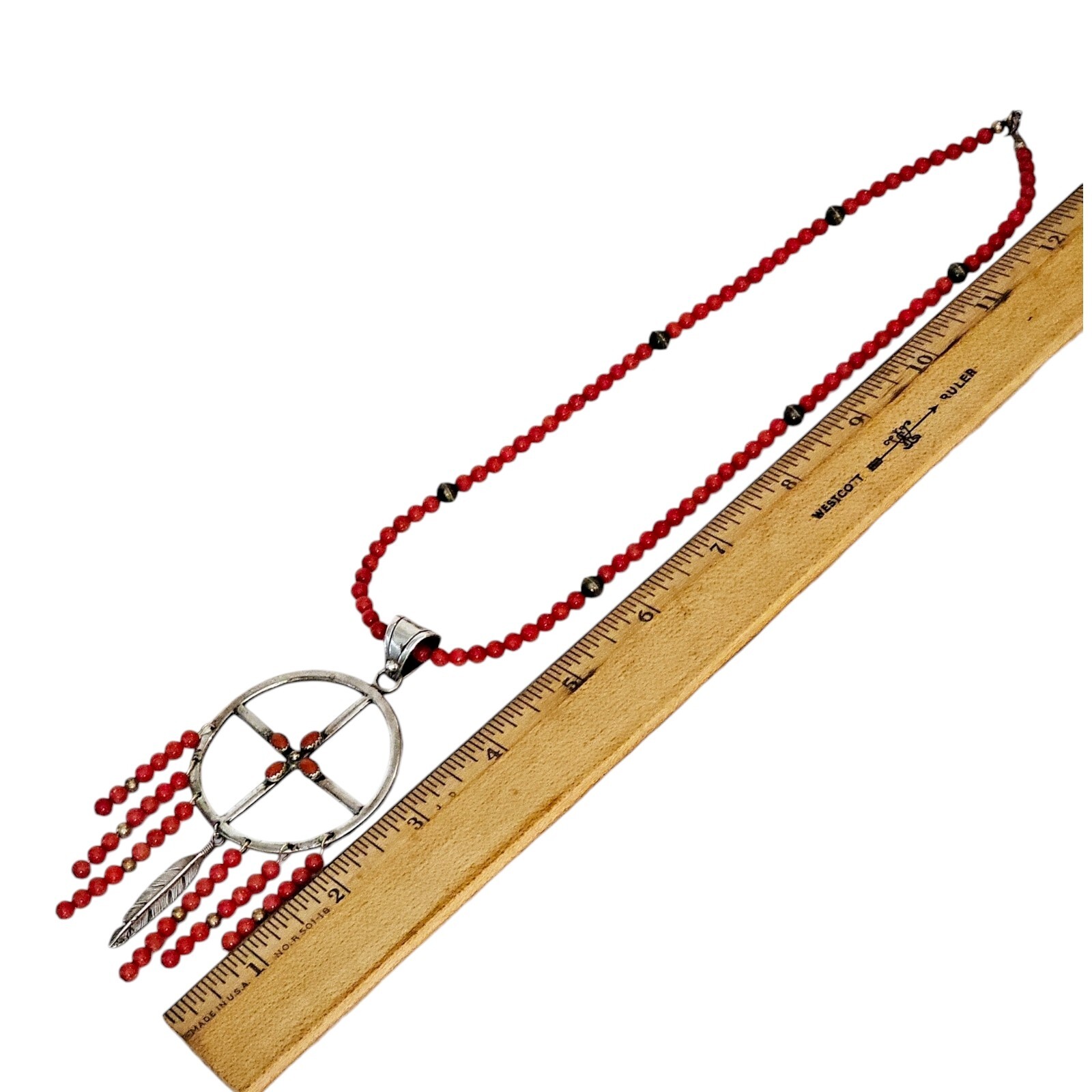 SOUTHWEST Necklace Dreamcatcher 925 Sterling Silver Coral Bead Chain Signed B