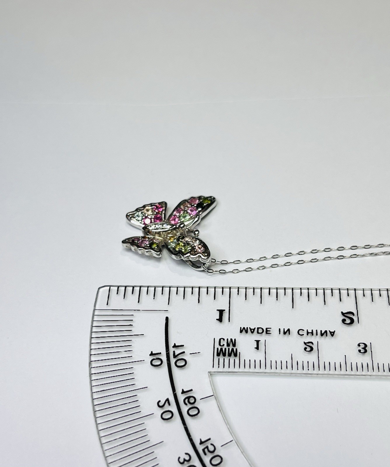 925 Sterling Silver Tourmaline Pink Green Blue Yellow Butterfly Pendant Necklace