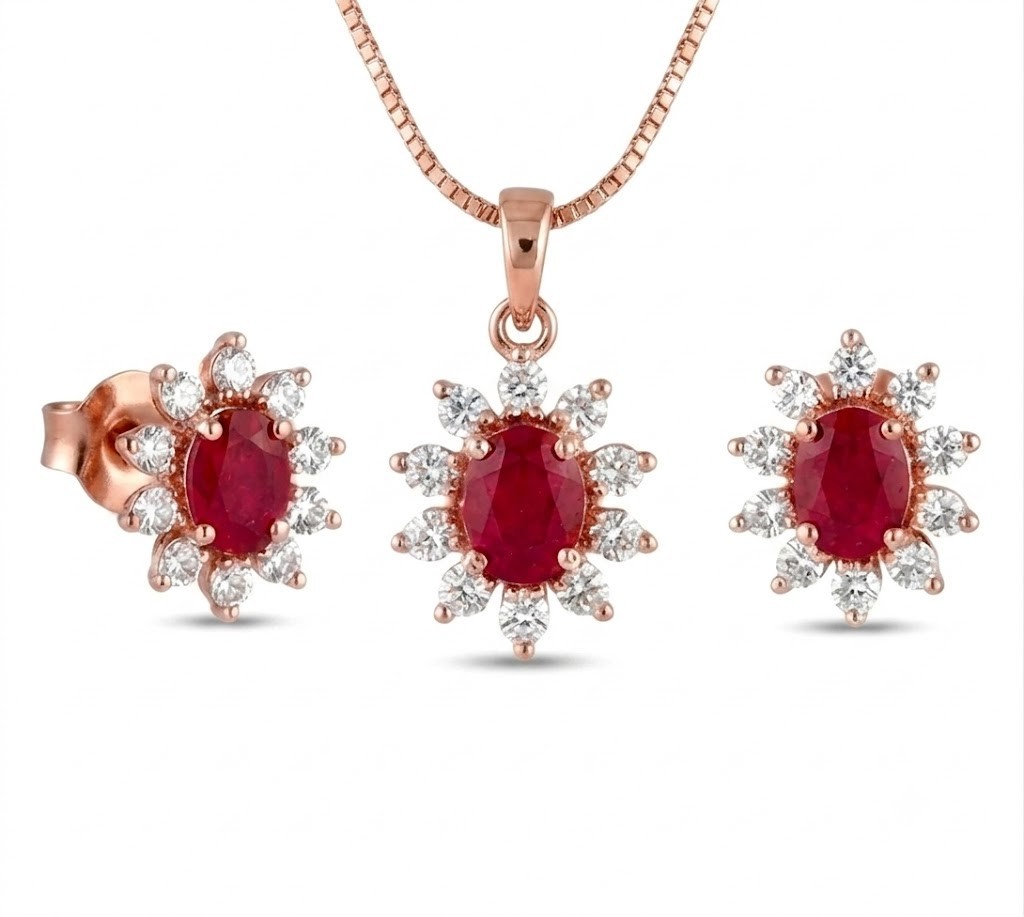 0.75ct Natural Diamond 14k BIS Hallmarked Rose Gold Ruby Wedding Pendant Set