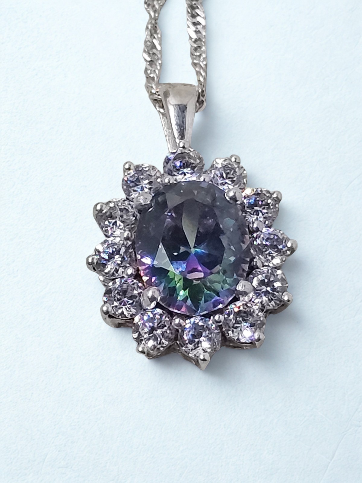 Mystic Topaz Pendant Necklace 925 Sterling Silver CZ Halo India 18″