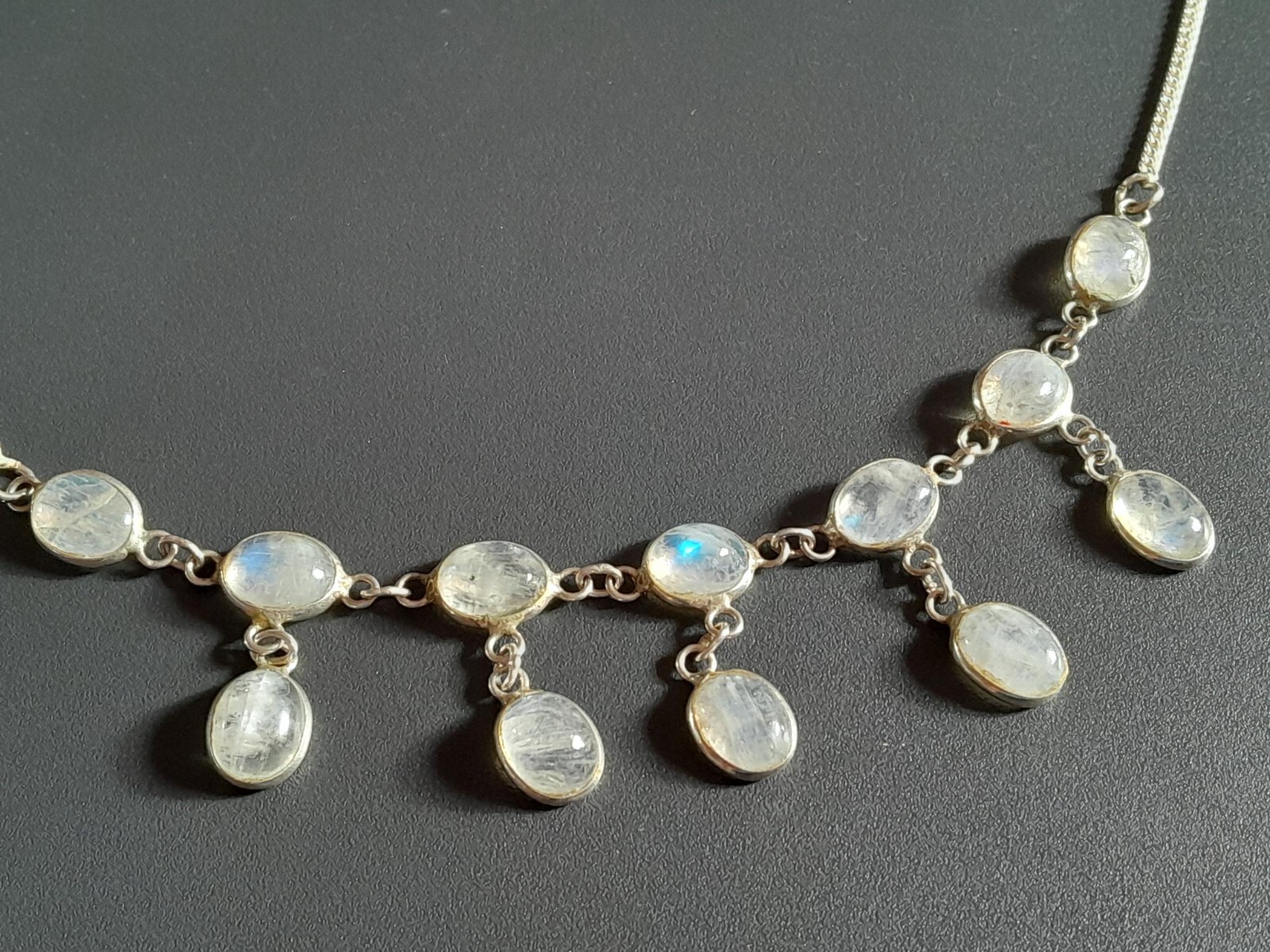 ANTIQUE 1910 STERLING SHEPHERD’S HOOK CEYLON MOON STONE NECKLACE HUES OF BLUE