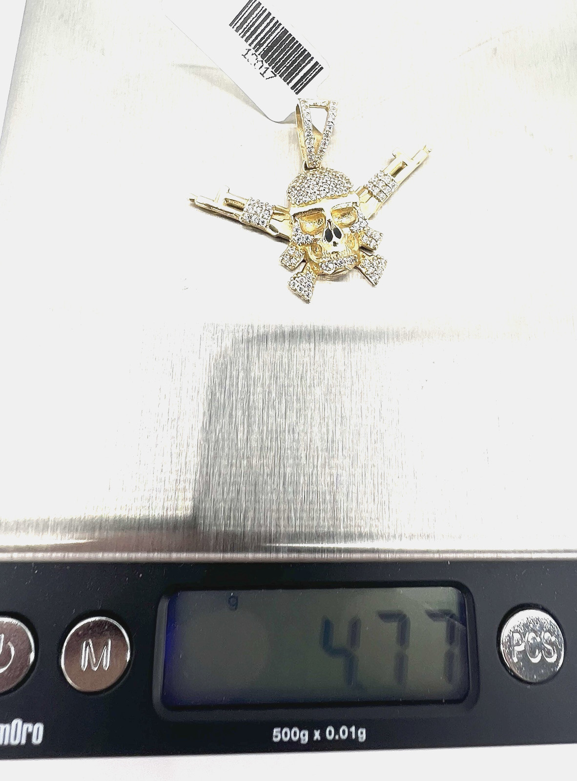 14K Solid Yellow Gold Skull Crossed Rifles Pendant CZ Pave Outlaw Guns