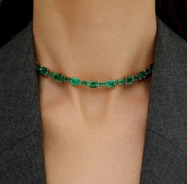 18 CT Lab Created Green Emerald Bridal Tennis Necklace 14k Yellow Gold Plated