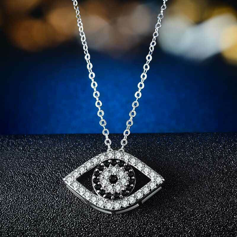 1Ct Round Diamond Black & White Evil Eye Pendant Necklace 18″ 14K White Gold FN