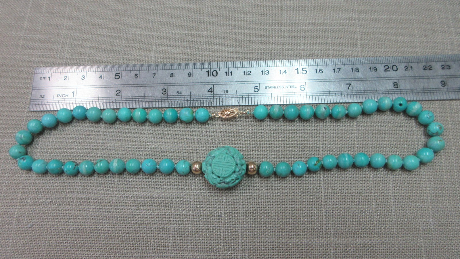 Vtg 14K Fishhook Clasp Turquoise Beads & Carved “Shou” Bead Necklace 18″ 39.7 G