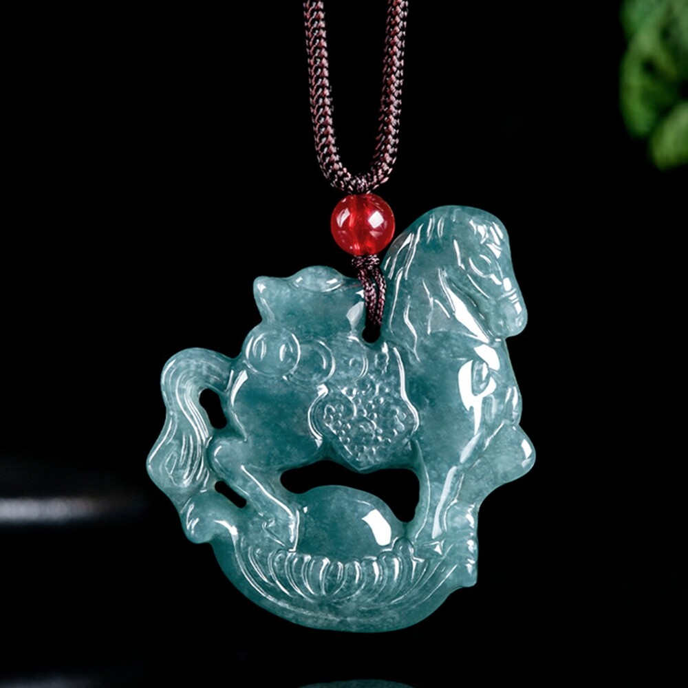 Certified Grade A Natural Green Jade jadeite Zodiac Horse Lucky Pendant Necklace