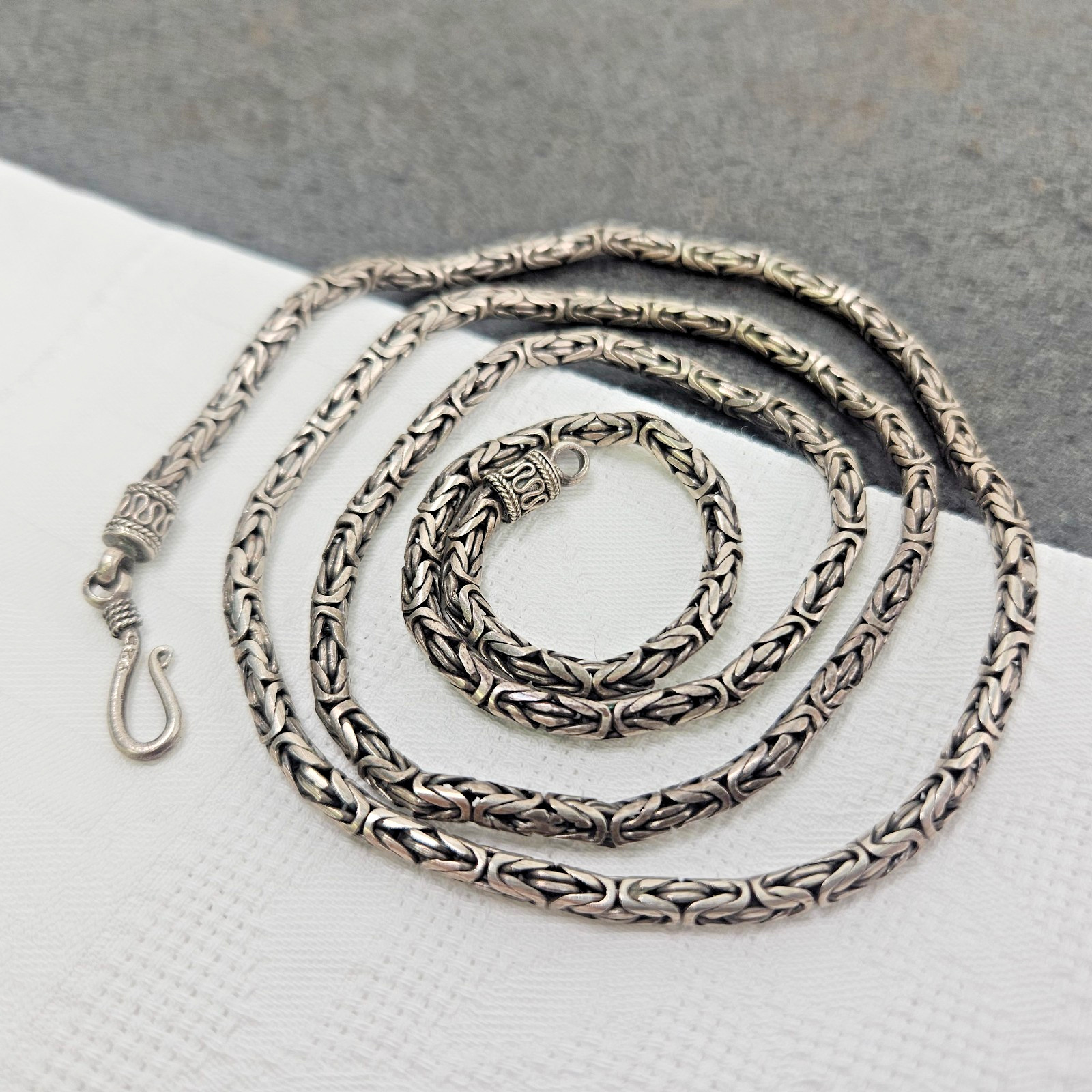 Sterling Silver Byzantine Chain Open S Hook Clasp 30″ Biker Men’s Necklace Long