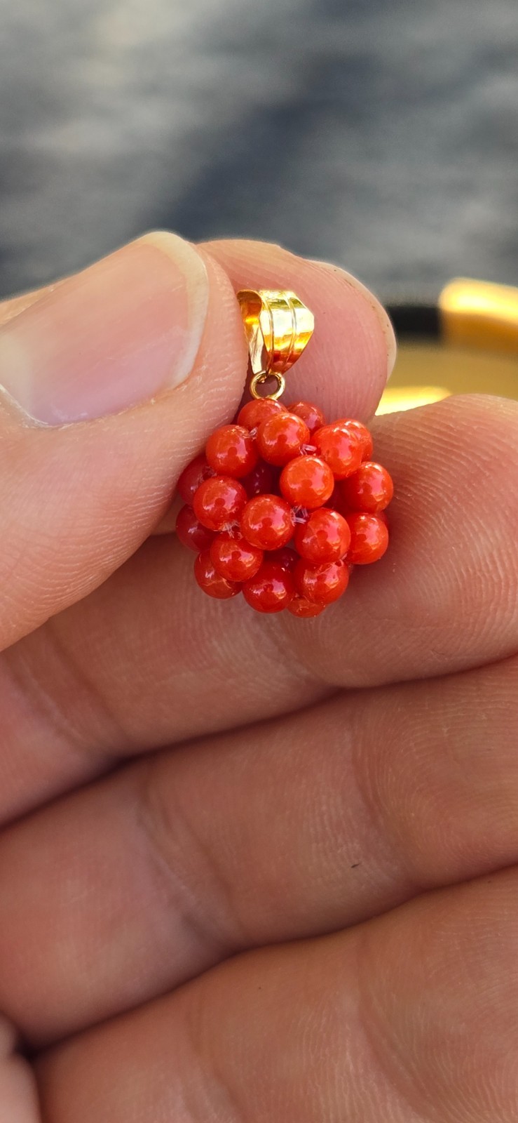 Japan 14 mm 18K Gold Sango Undyed Coral Cluster Pom Ball Necklace Pendant Charm