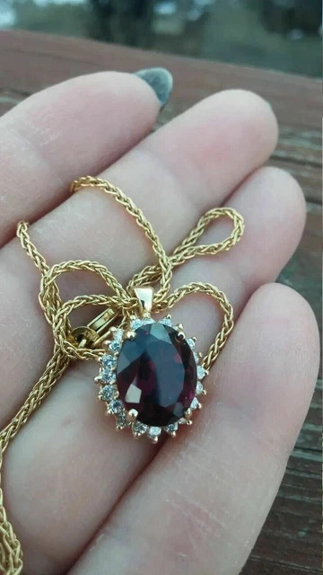 3Ct Oval Round Cut Lab Created Red Garnet Halo Pendant 14K Yellow Gold Finish