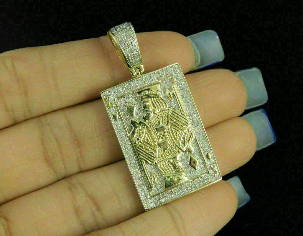 Natural Moissanite Men’s 14K Yellow Gold Plated Silver King Card Poker Pendant