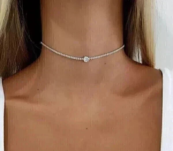 15TCW Round Cut Lab Created Diamond 14K White Gold Plated Tennis Choker Necklace
