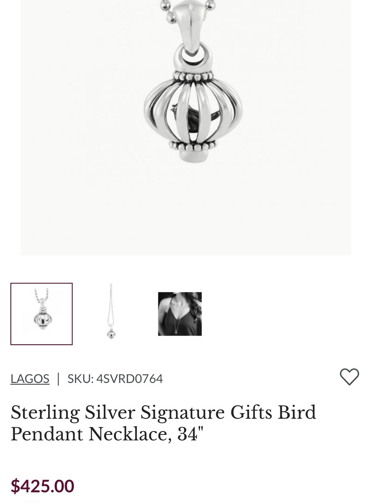 LAGOS 925 Sterling Silver Birdcage Pendant Ball 34″ Beaded Necklace w/ Gift Box