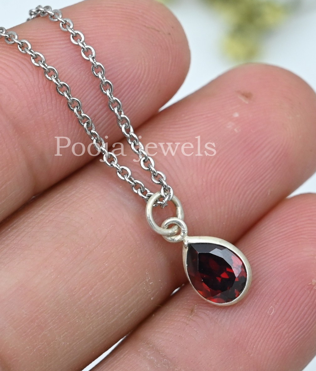925 Sterling Silver Natural Garnet Pear Teardrop Pendant Red Gemstone Gift