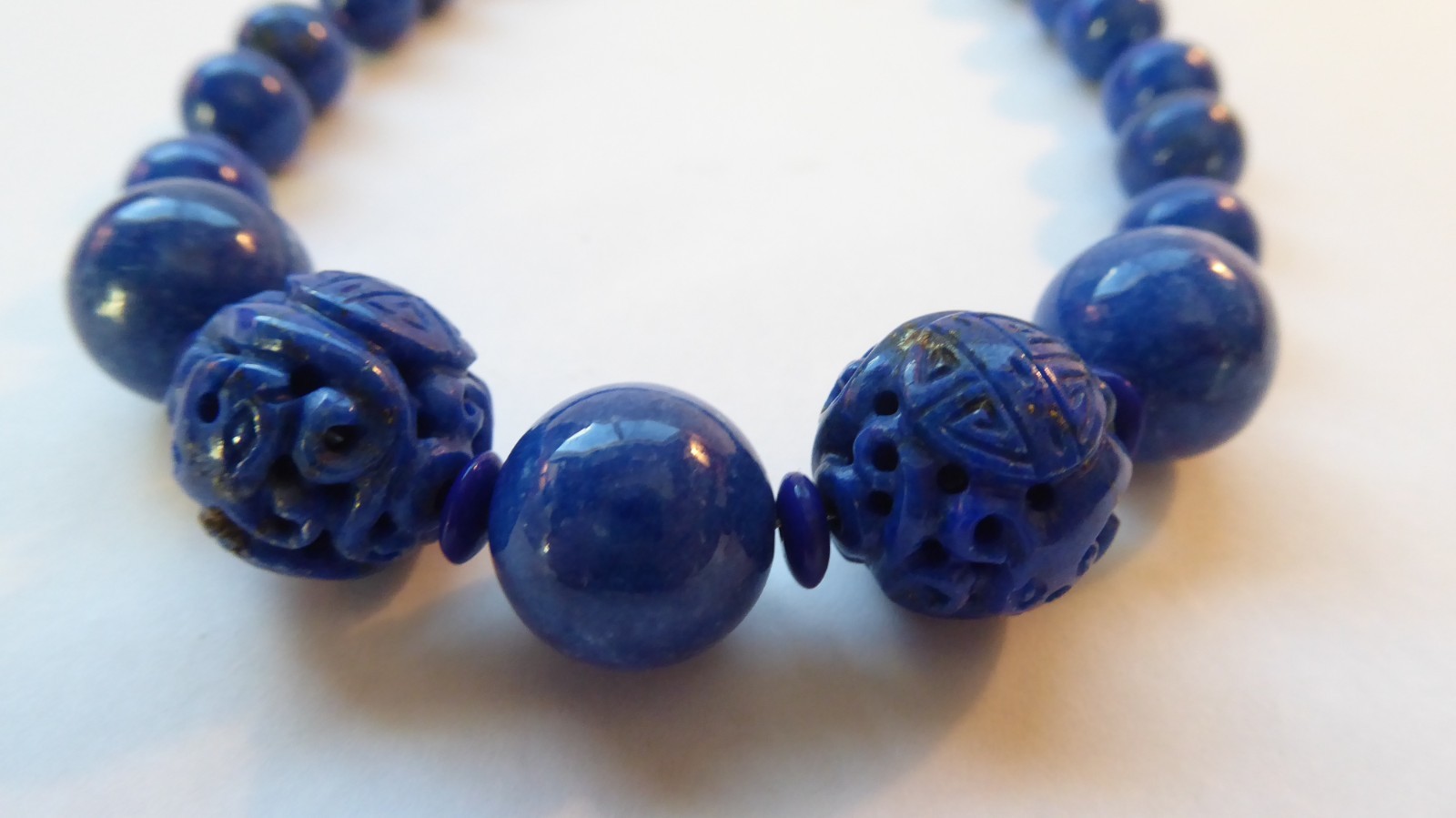 Carved Lapis Lazuli Bead Statement Necklace 15″ long 15mm & 9mm Round beads Asia