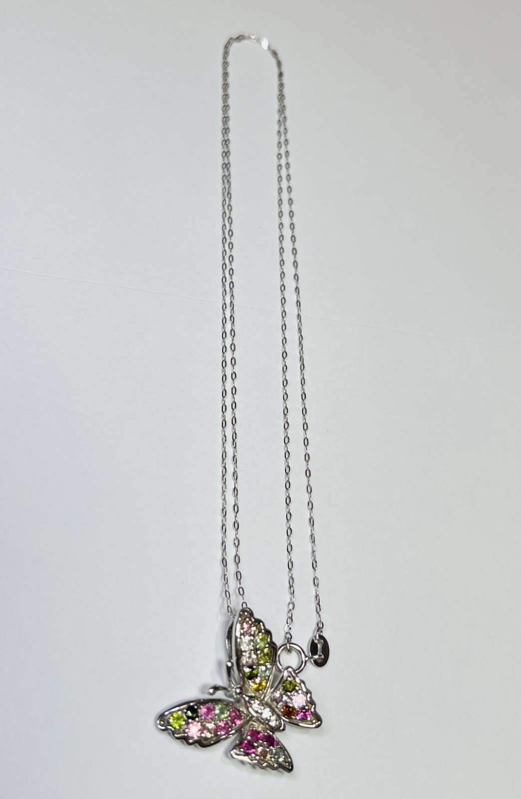925 Sterling Silver Tourmaline Pink Green Blue Yellow Butterfly Pendant Necklace