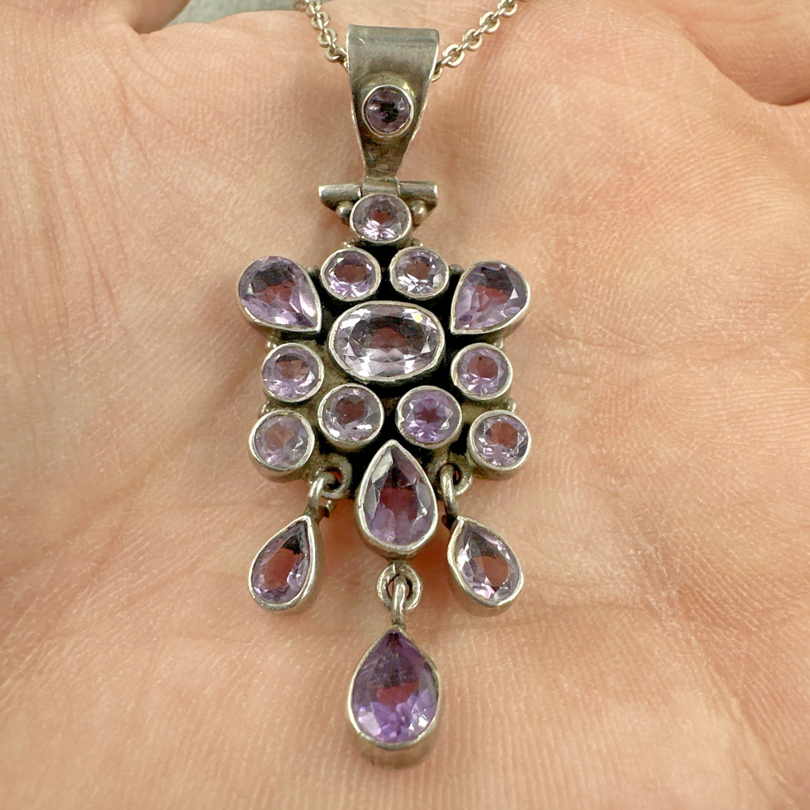 Vintage Amethyst Handmade Sterling Silver Cluster Pendant on 18″ 925 Necklace